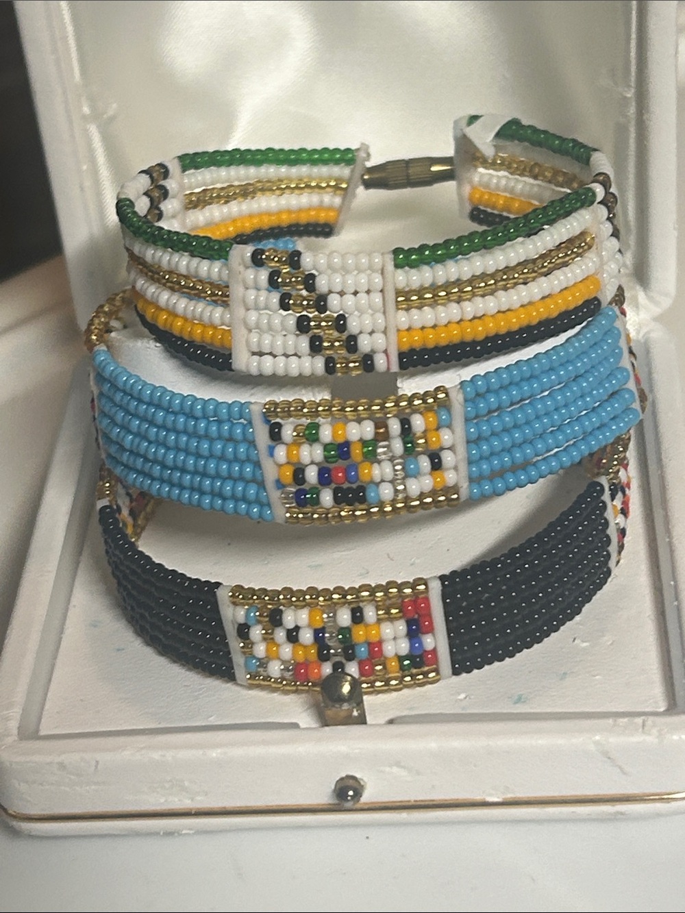 Set of three handmade Seed Bead Bracelet - Blue, Black, White, Green, Yellow